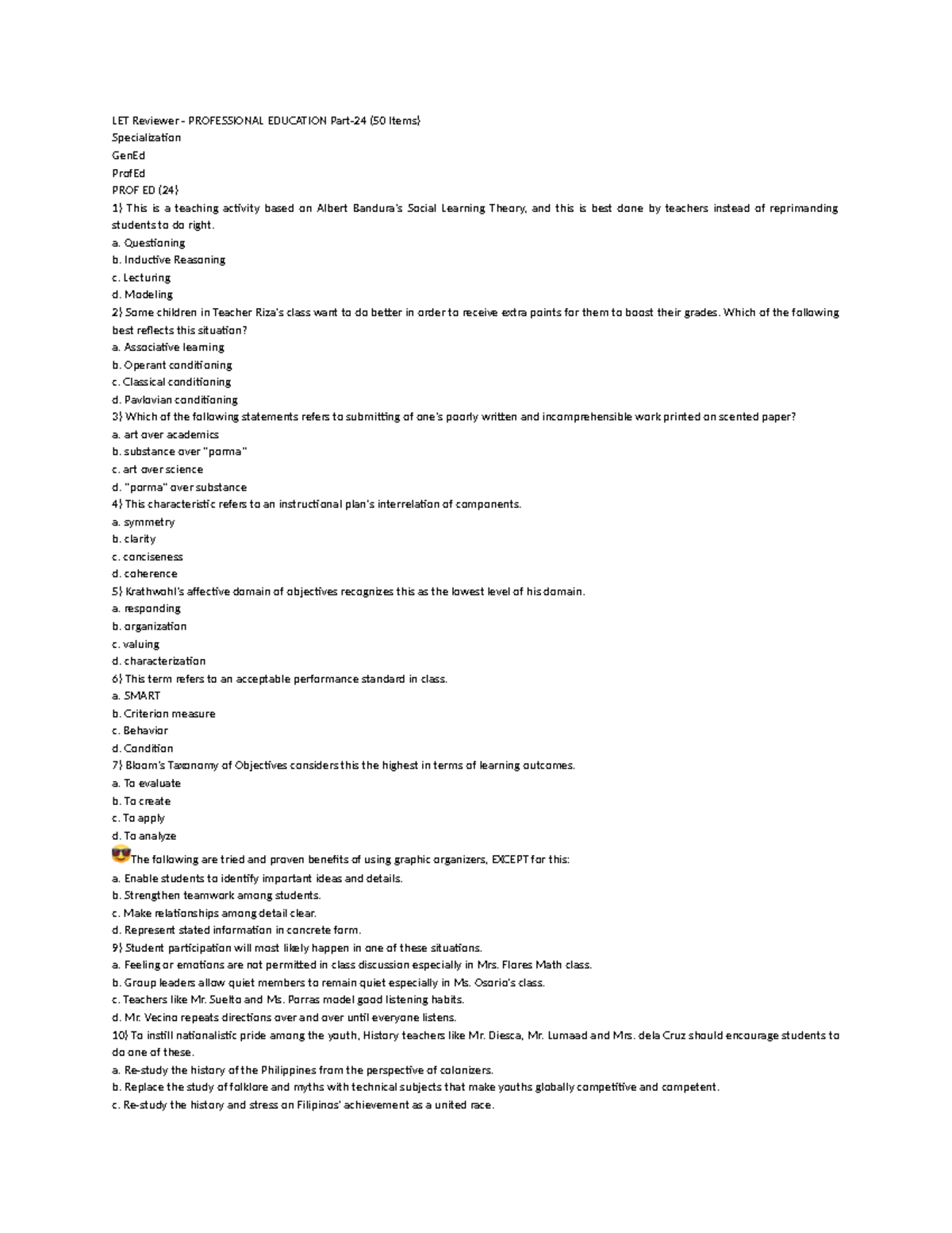 LET Reviewer: Professional Education (50 Items) for PROF ED (24) - Studocu