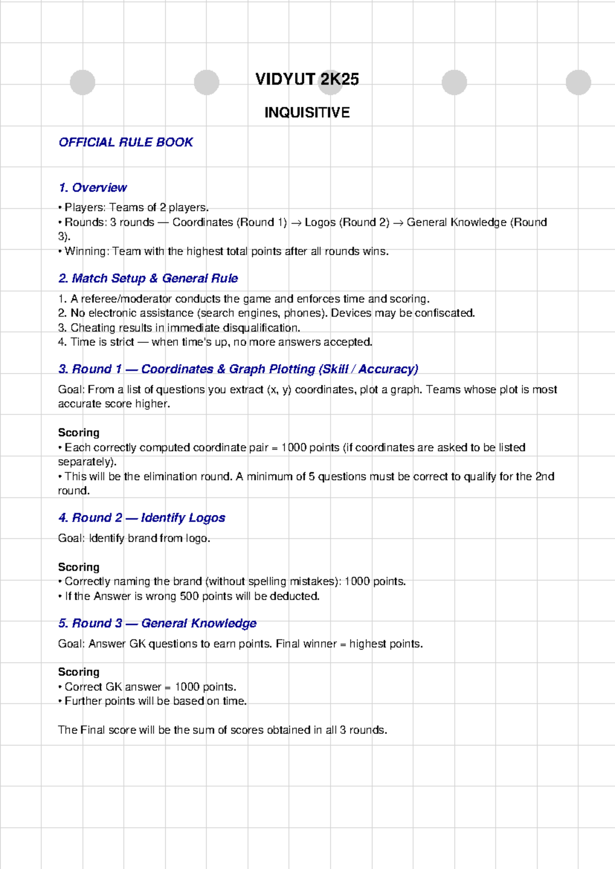 VIDYUT 2K25 INQUISITIVE OFFICIAL RULE BOOK: Game Structure & Scoring ...