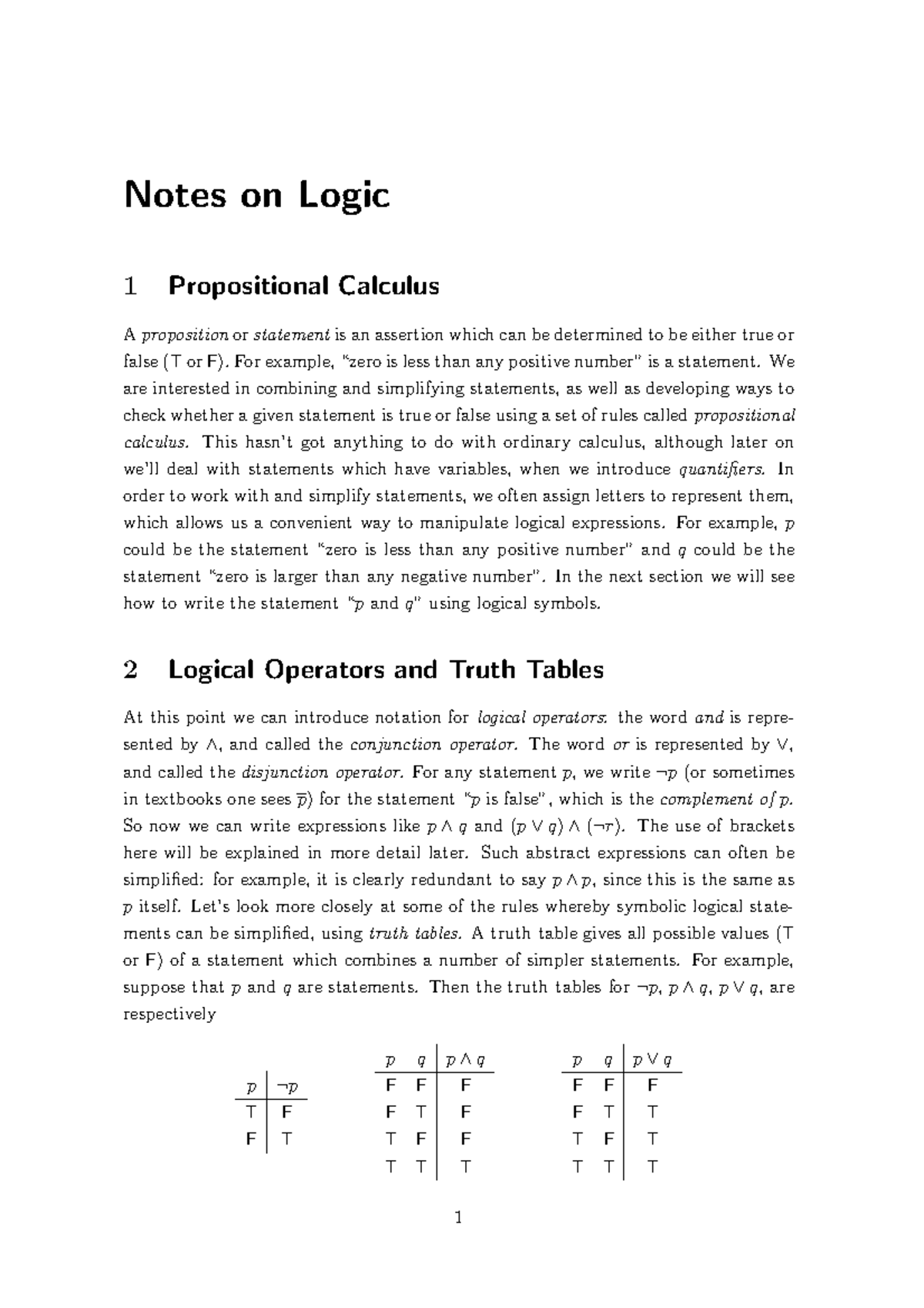 Logic 101: Notes on Propositional Calculus and Logical Statements ...