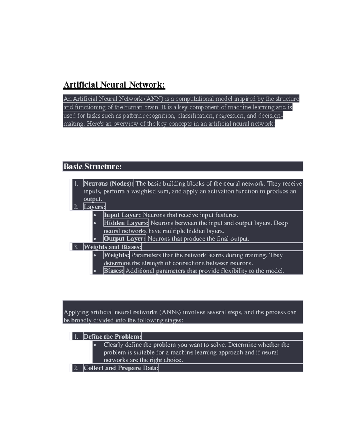 Artificial Neural Network Overview and Applications in ML - Studocu