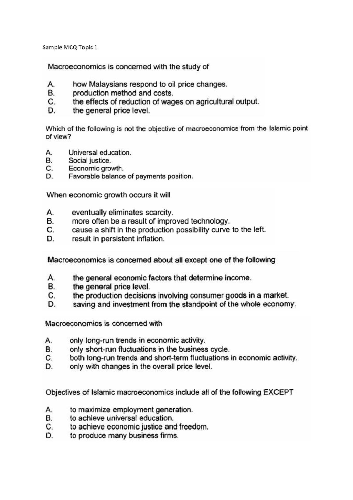 Topic 1 MCQ - Macroeconomics Overview and Key Concepts - Studocu