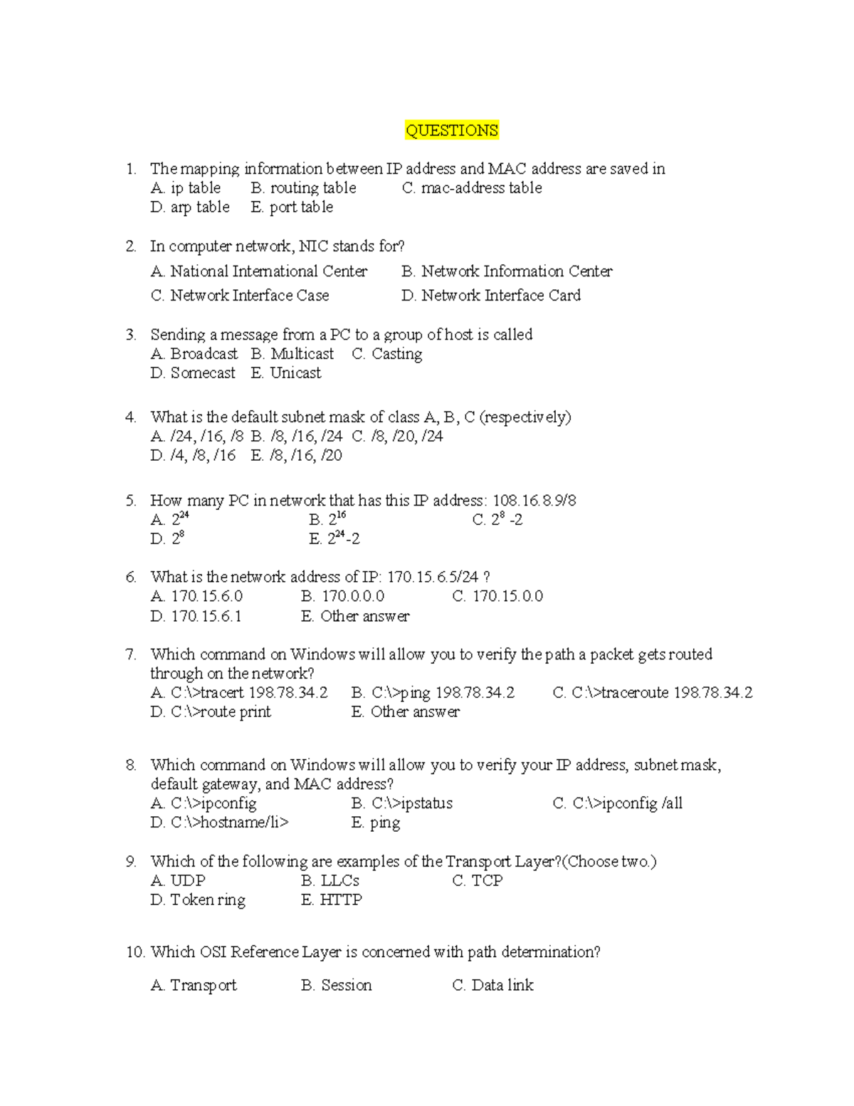 Networking Quiz - Questions 123 - Studocu