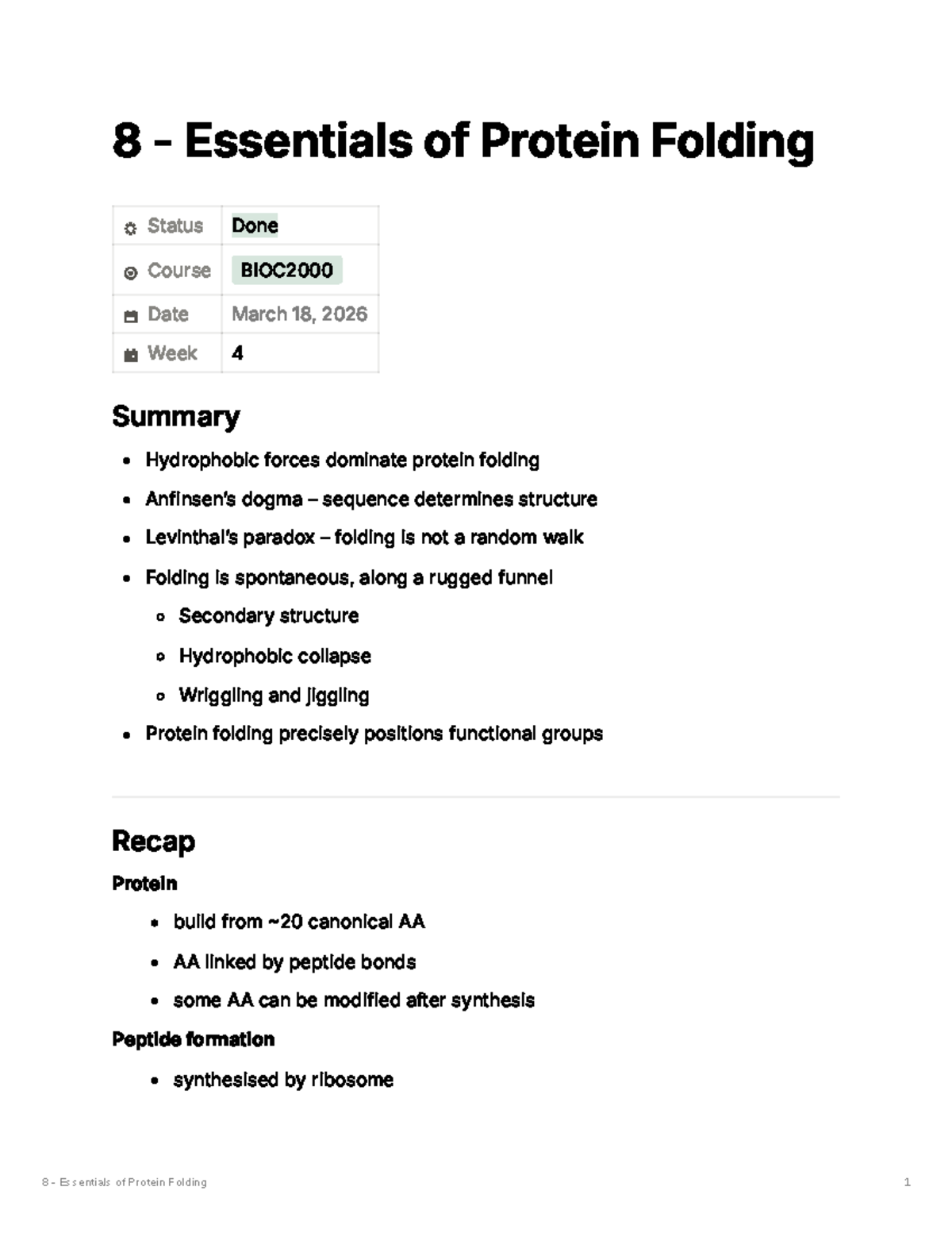 Lecture 8 - Essentials of Protein Folding Summary and Key Concepts ...