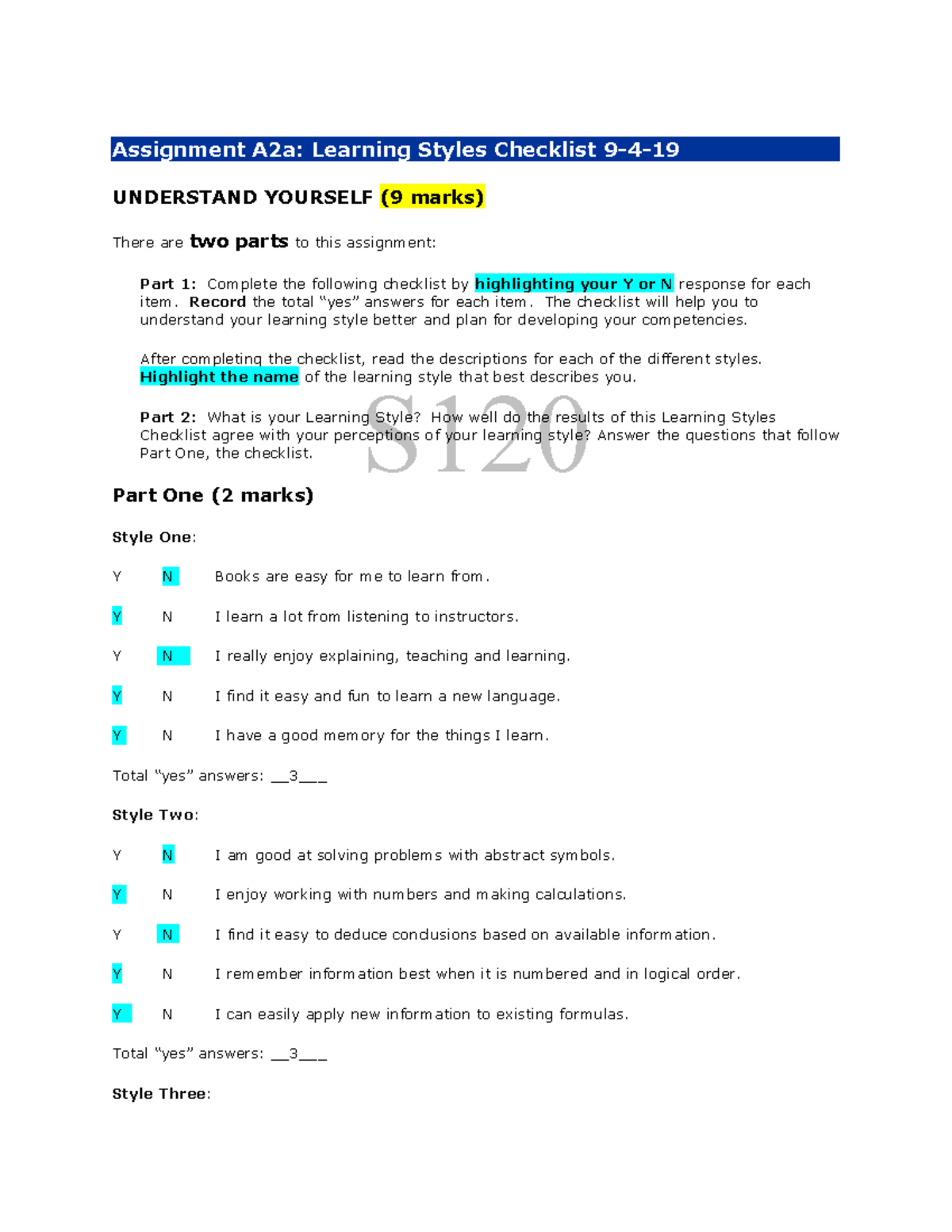 S219 A2a: Learning Styles Checklist & Self-Reflection (9 Marks) - Studocu