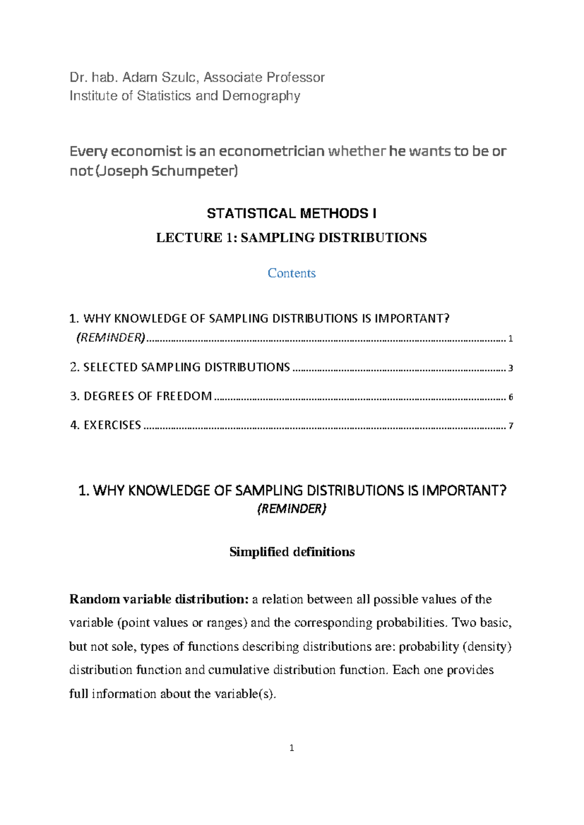 STATISTICAL METHODS I: LECTURE 1 - SAMPLING DISTRIBUTIONS - Studocu