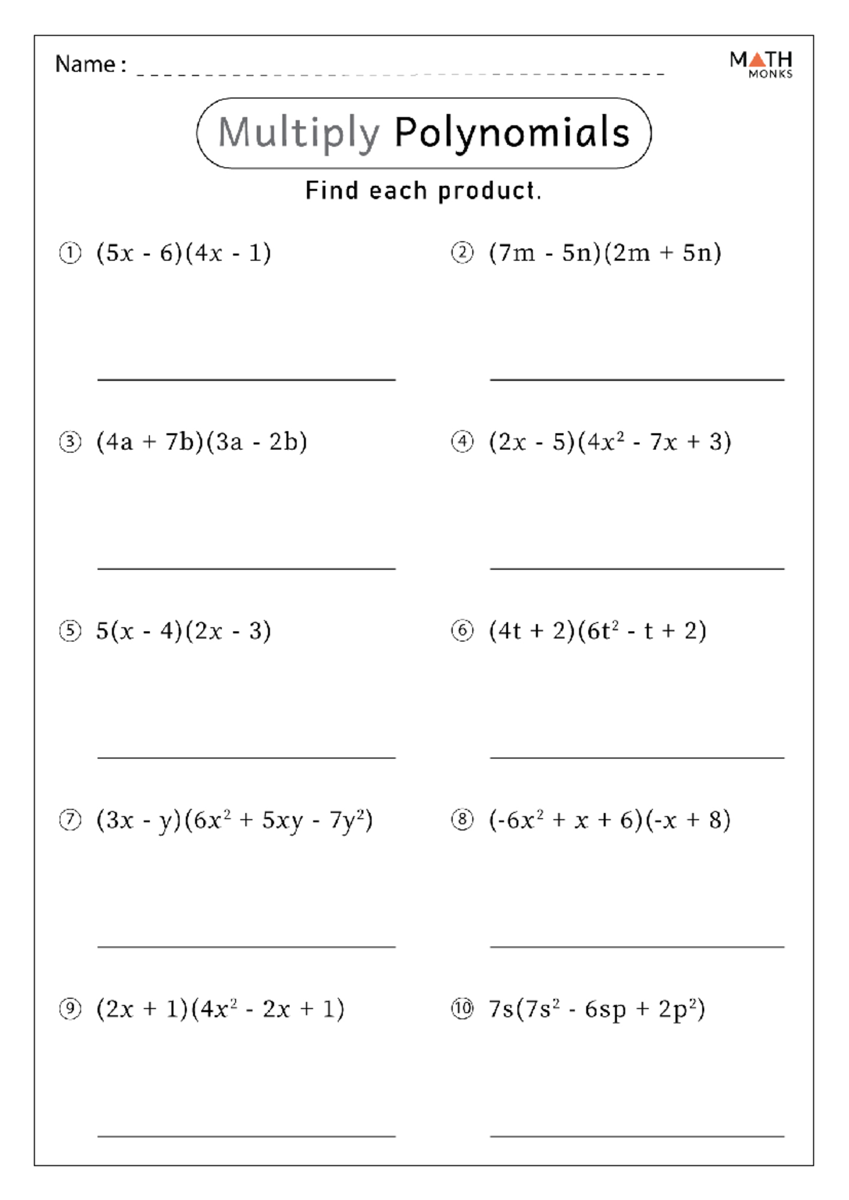 Multiplying Polynomials Worksheet Answers - Name: MATH MONKS Multiply ...