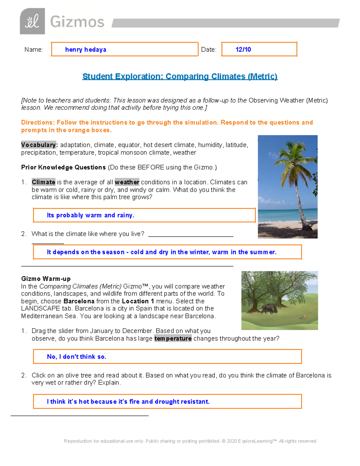 Comparing Climates: Henry Hedaya's Gizmo Exploration Notes - Studocu