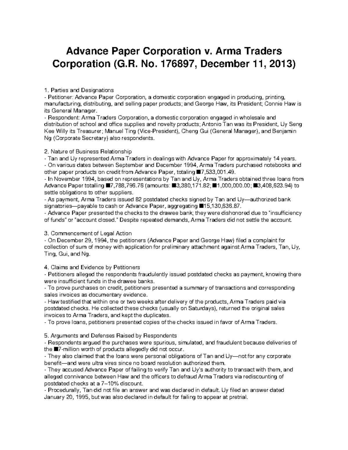 Advance Paper Corp. v. Arma Traders Corp. Case Summary (G.R. No. 176897 ...