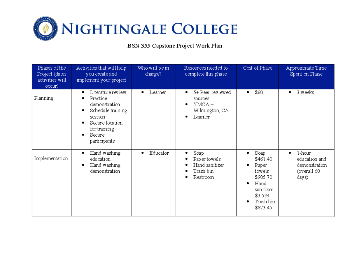 BSN 355 Capstone Project Proposal Work Plan with Phases & Resources ...