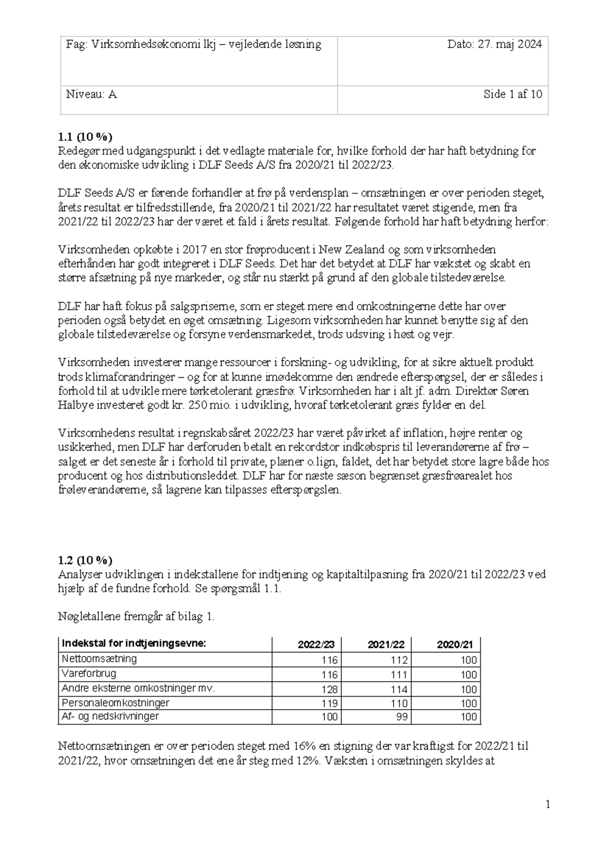 Vejledende Løsning til Virksomhedsøkonomi A - Maj 2024 (Terminsprøve ...