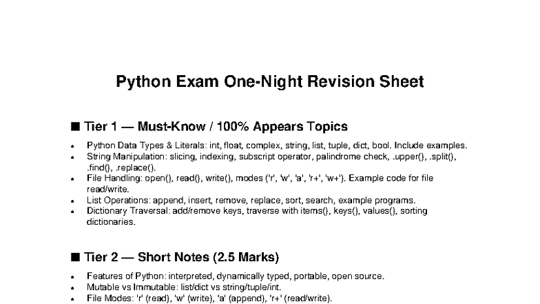 Python Exam Revision Sheet: Key Topics & Concepts - Studocu