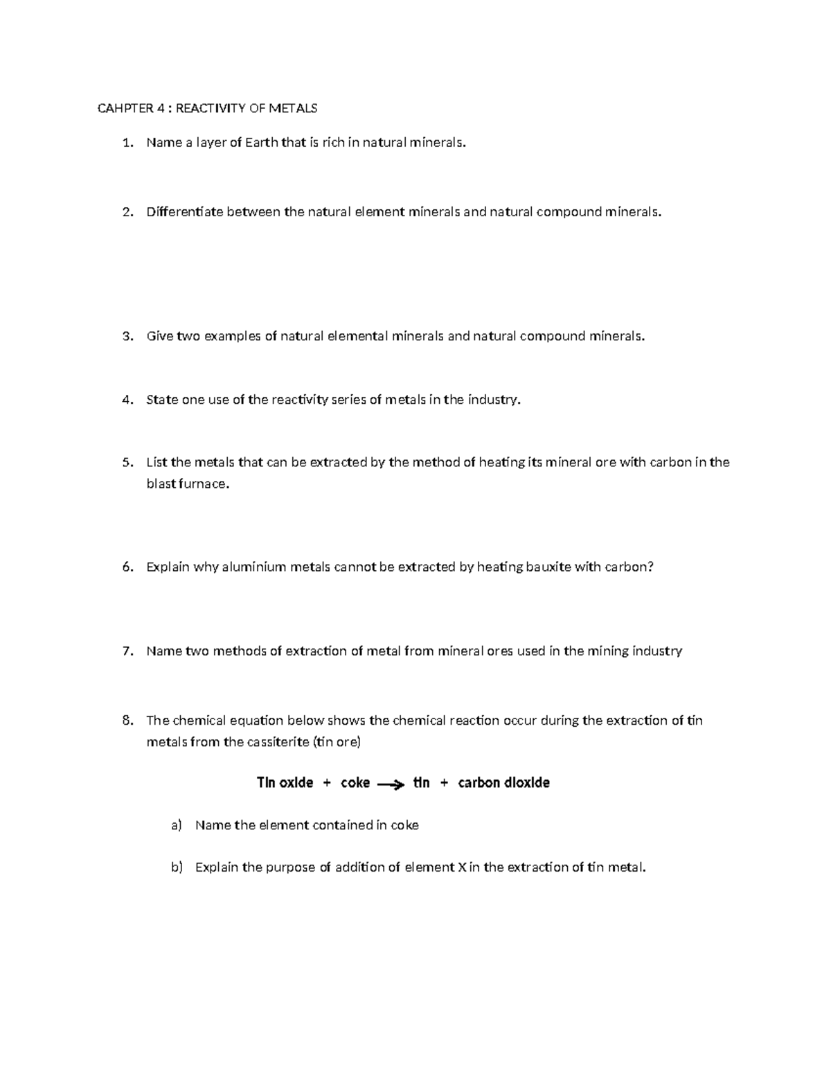Science Form 3: Chapter 4 - Reactivity of Metals and Extraction Methods ...