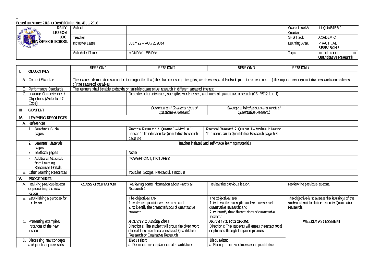 Practical Research 2: Week 1 Lesson Plan on Quantitative Research - Studocu