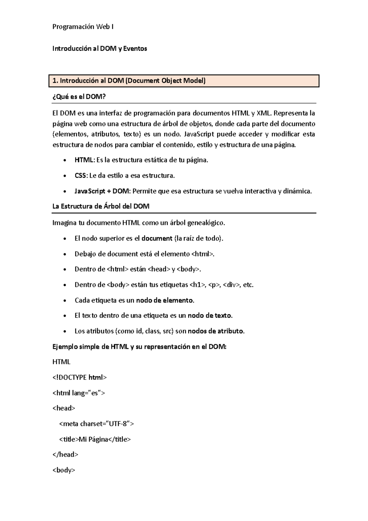 Programación Web I: Introducción al DOM y Manejo de Eventos - Studocu