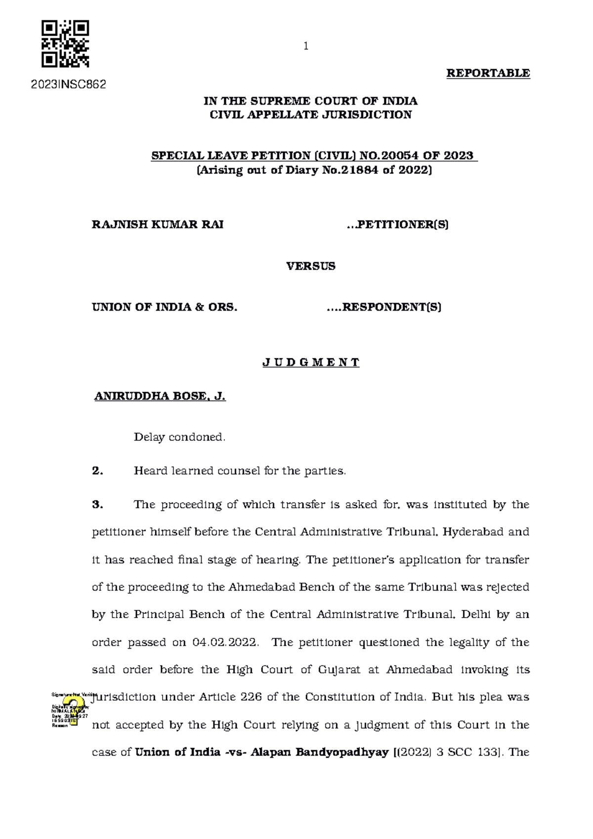 Rajnish Kumar Rai vs Union of India: Supreme Court Judgment 2023 INSC ...