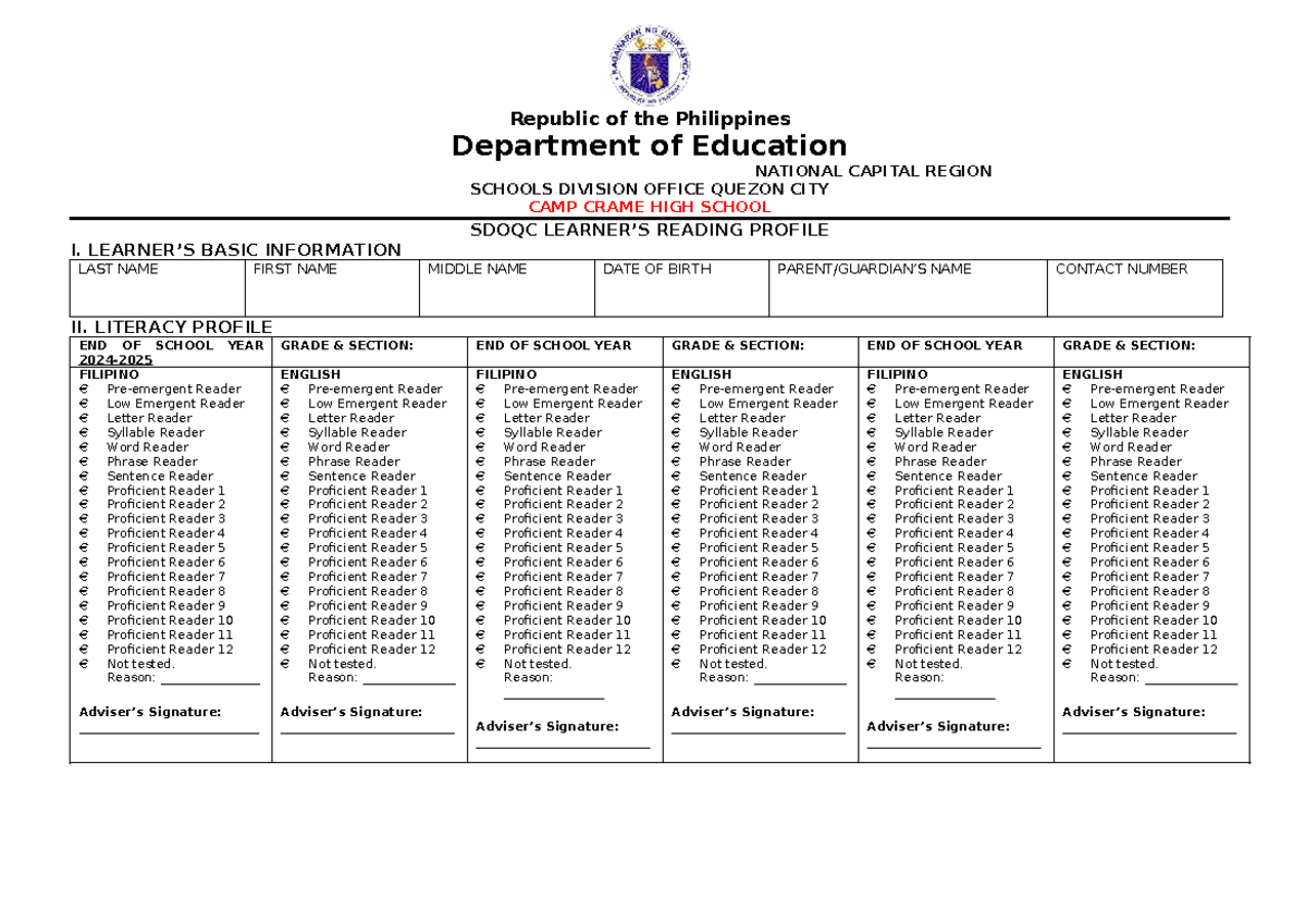 SDOQC reading profile form for end of school year assessment - Studocu