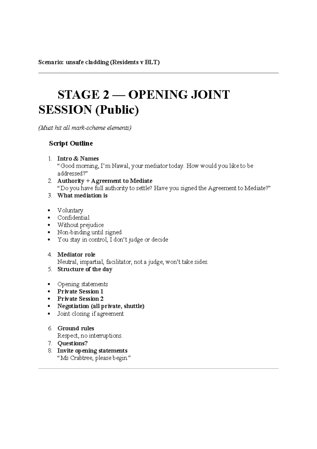 Residents v BLT: Mediation Script Outline for Unsafe Cladding Case ...