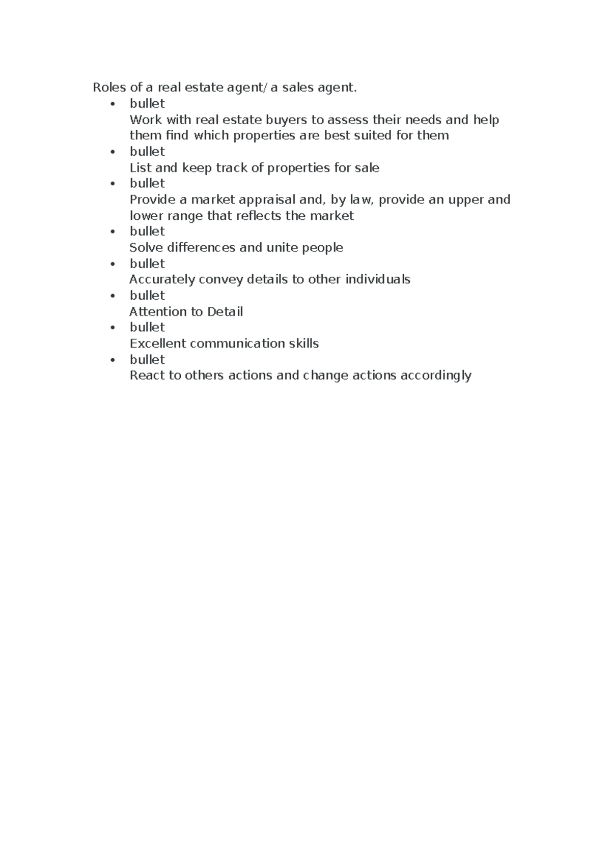 Question 1 - Roles of a real estate agent/ a sales agent - Roles of a ...