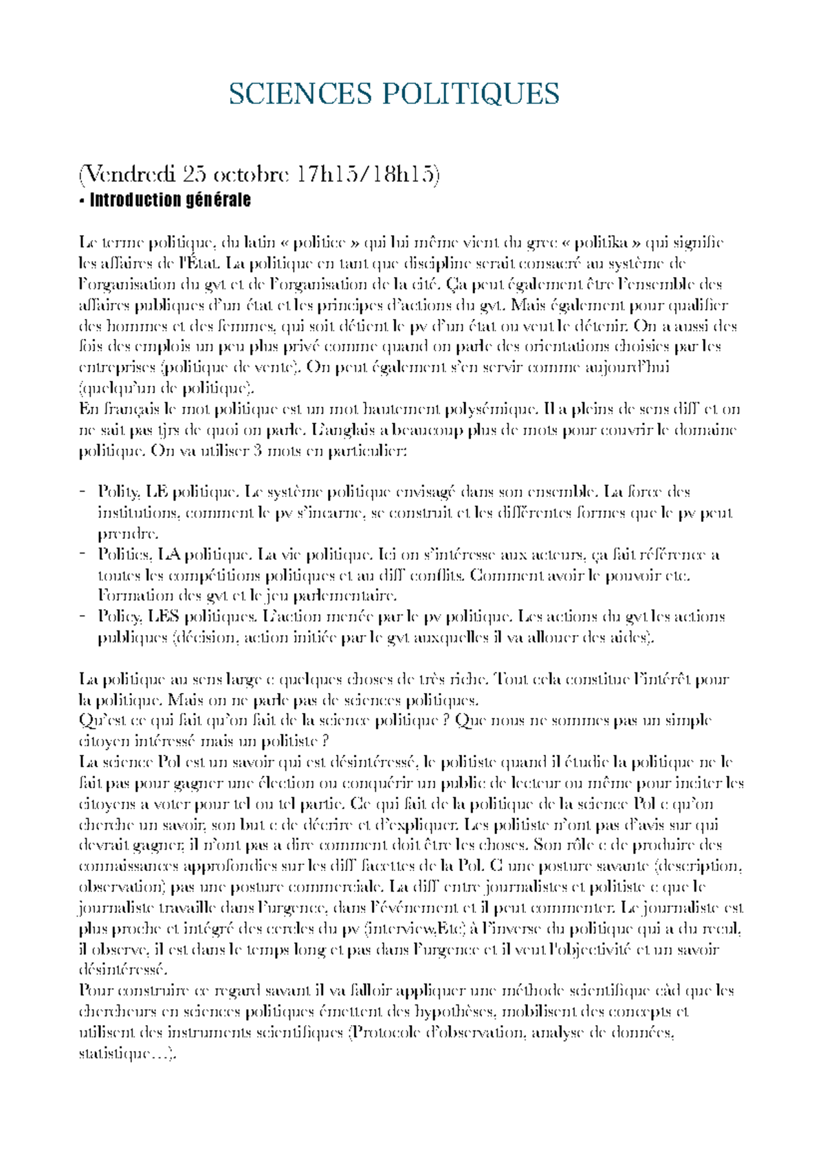 Sciences Po 1 - Cours de L1: Introduction à la Science Politique et l ...