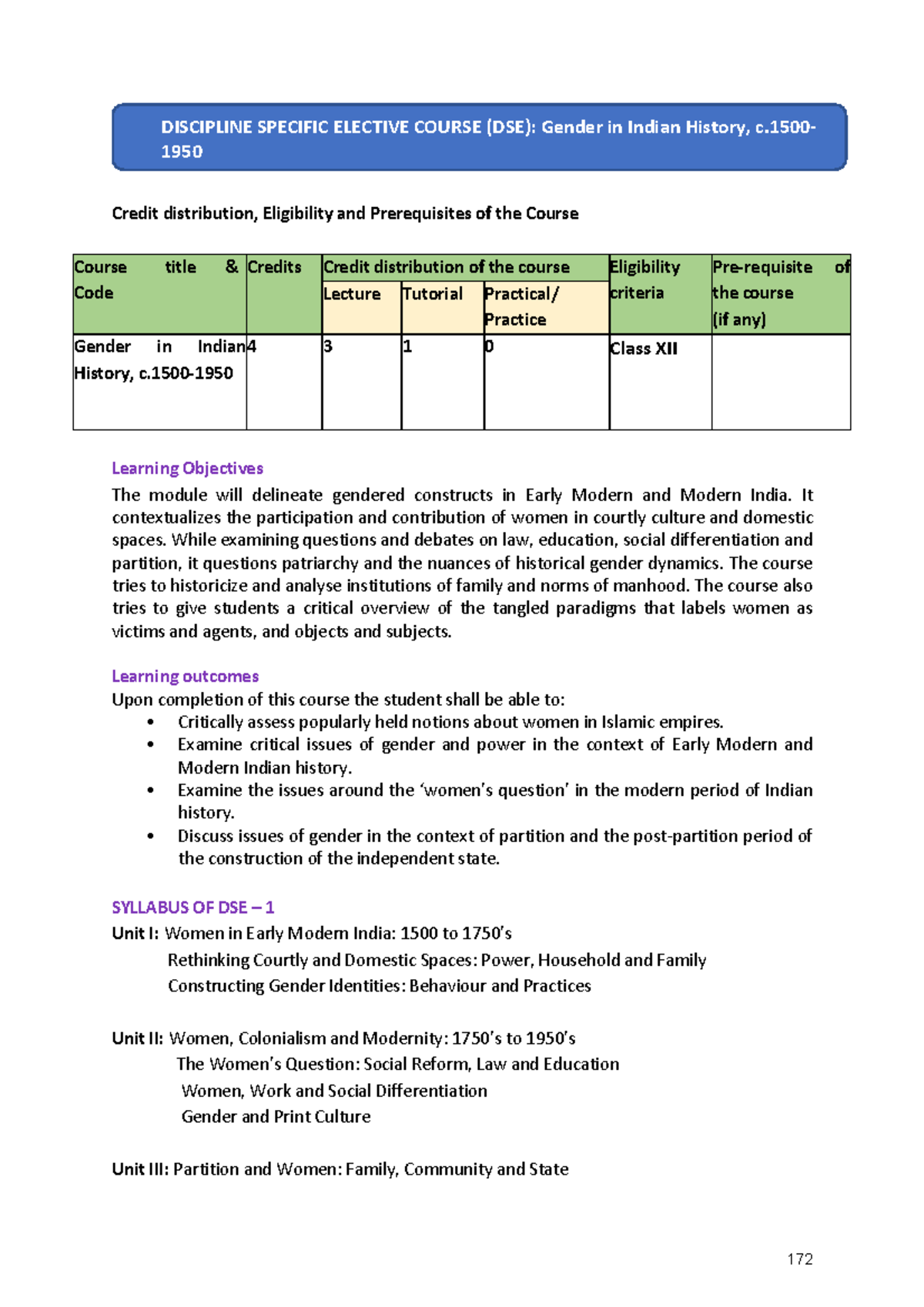 DSE: Gender in Indian History (c. 1500-1950) Course Overview and ...