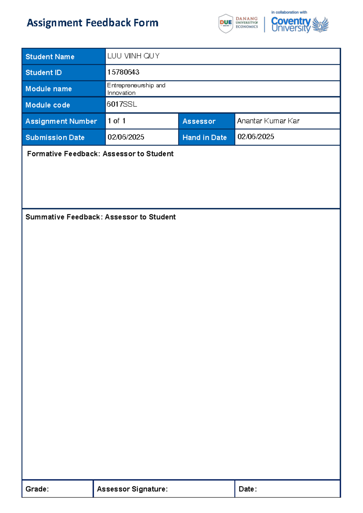 Feedback on Assignment 1 - Entrepreneurship & Innovation (6017SSL ...