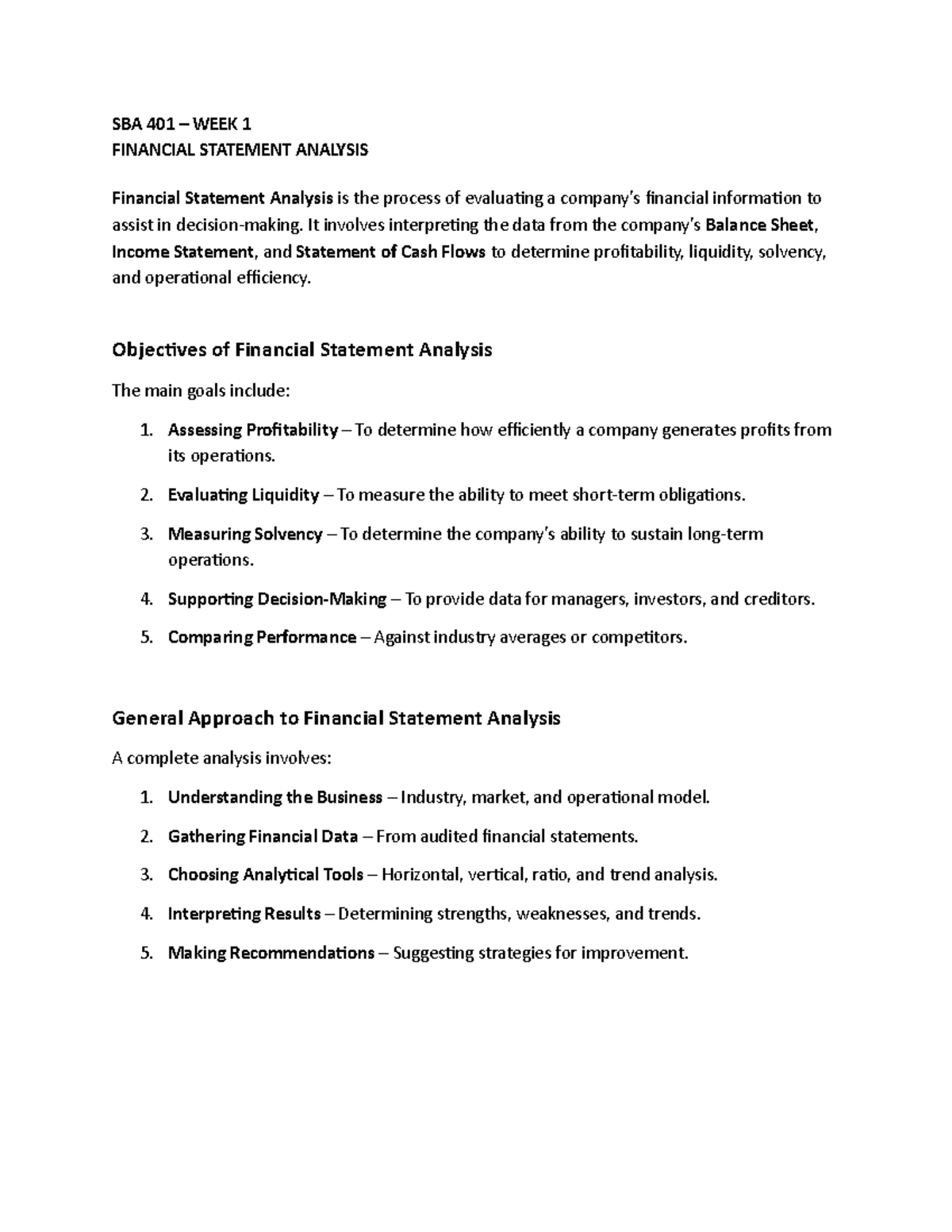 SBA 401 Week 1 - Financial Statement Analysis Overview - Studocu