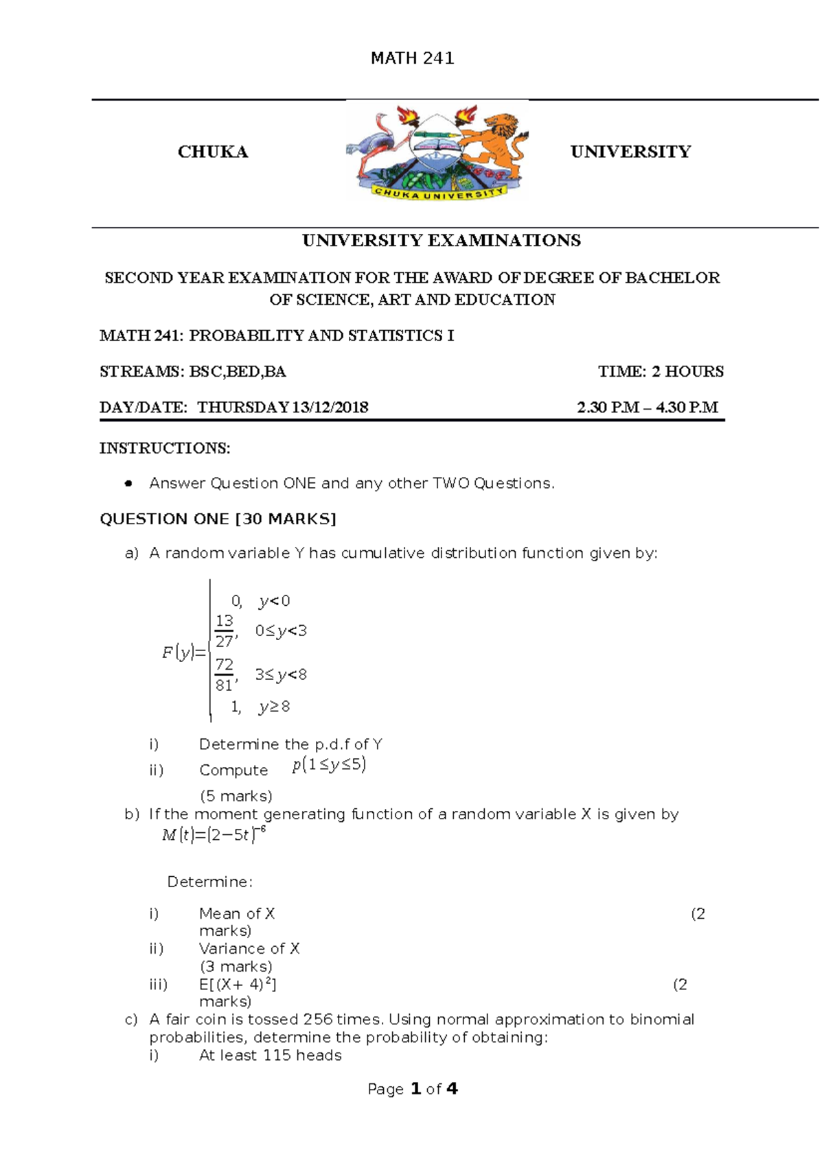 MATH 241: Probability and Statistics I - Exam Questions and Solutions ...