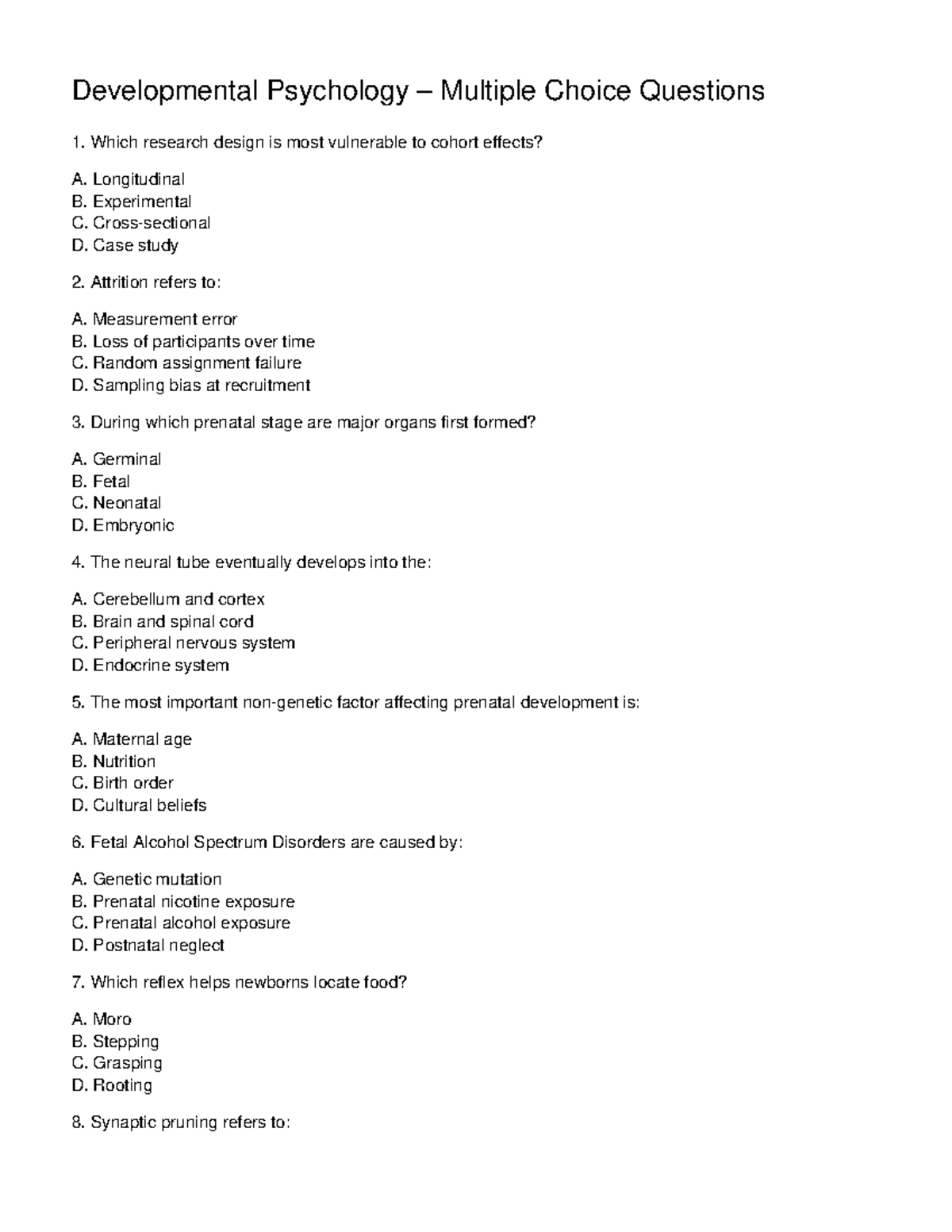 Developmental Psychology PSY 101: MCQs with Answers - Studocu