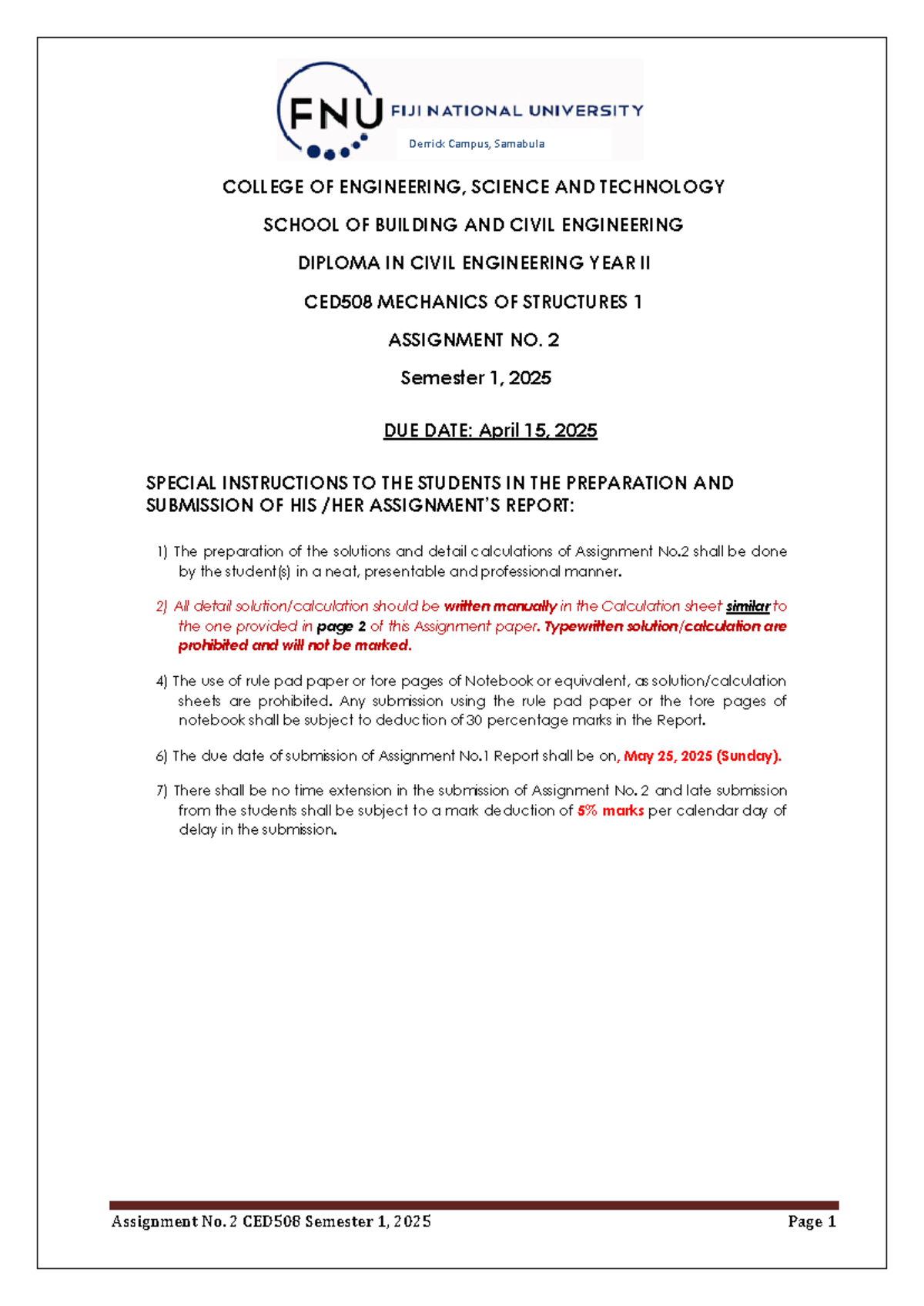 Assignment 2 CED508 Mechanics of Structures 1 S1 2025 Guidelines ...