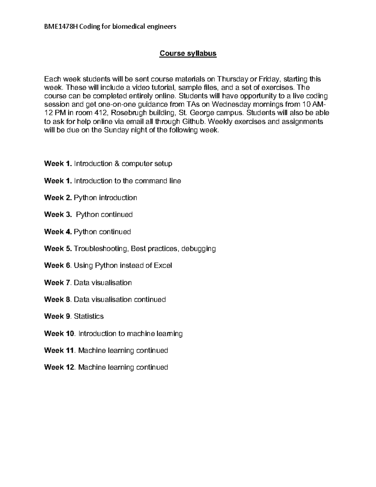 BME1478H Course Syllabus: Coding for Biomedical Engineers - Studocu