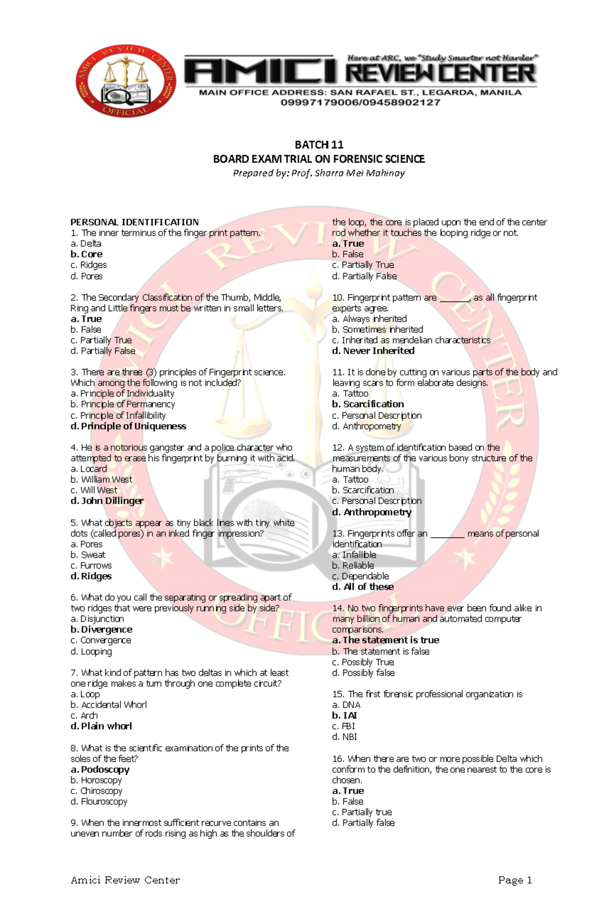 B11 - Forensic Science Board Exam Trial Questions (600 Items) - Document Preview
