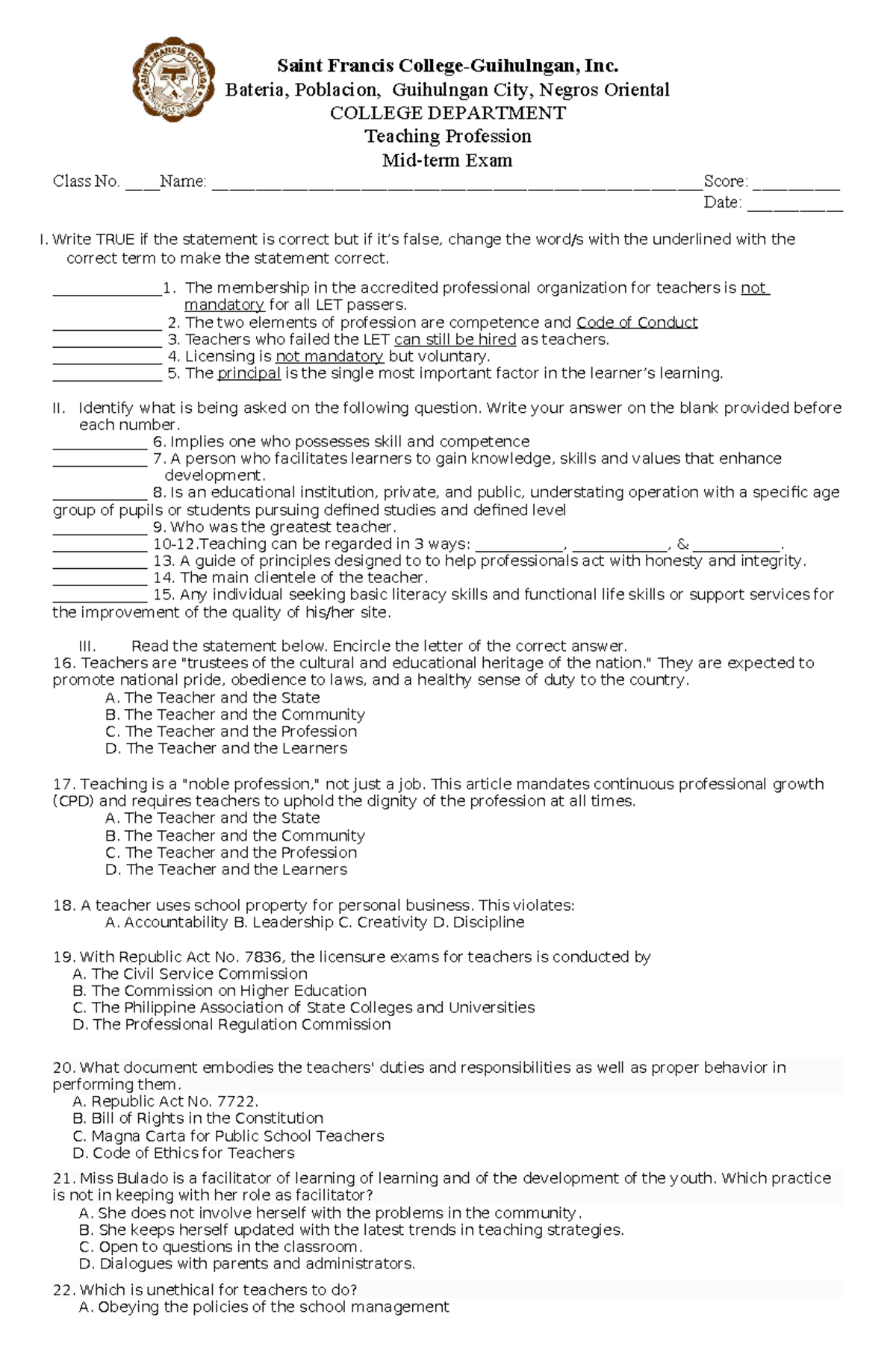 Midterm Exam: Teaching Profession (SY 2025-2026) Review Guide - Studocu