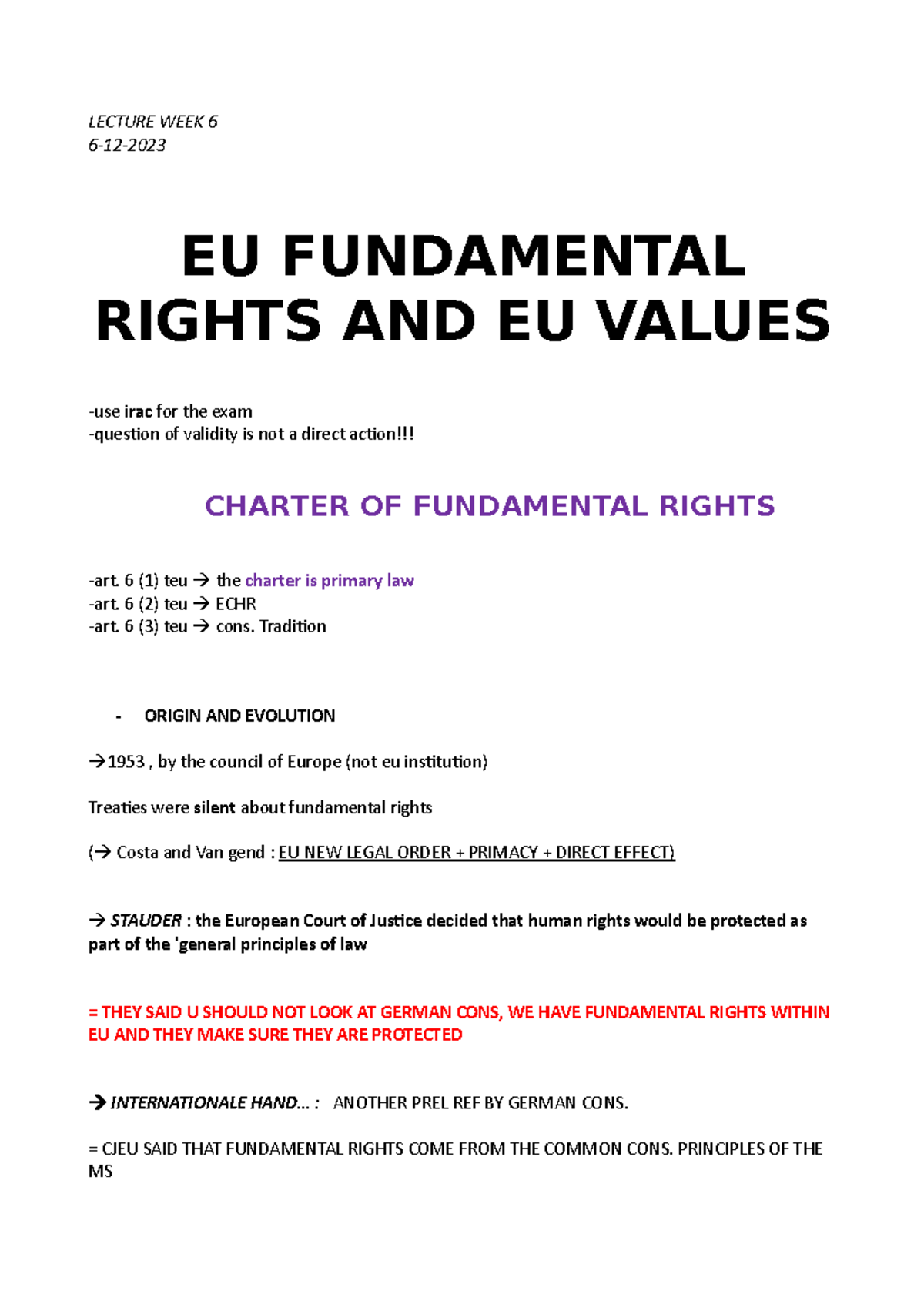Lecture Notes on EU Fundamental Rights & Values - WEEK 6 - Studeersnel