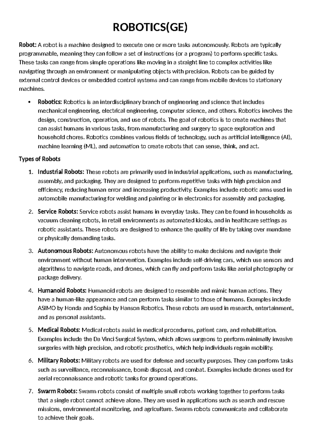 Robotics (GE) - Comprehensive Study Notes on Robot Design and ...