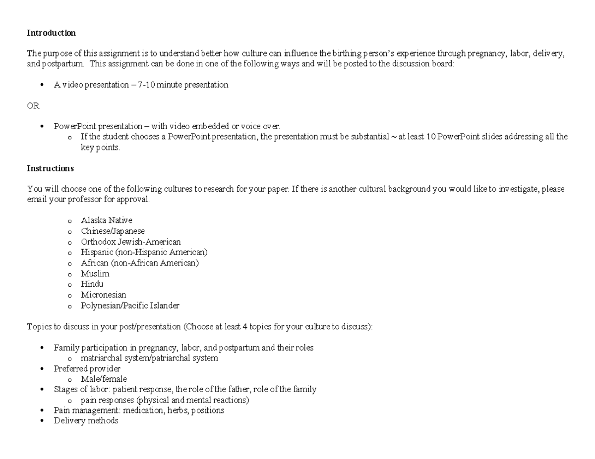 Cultural Project Assignment Instructions - Introduction The purpose of ...