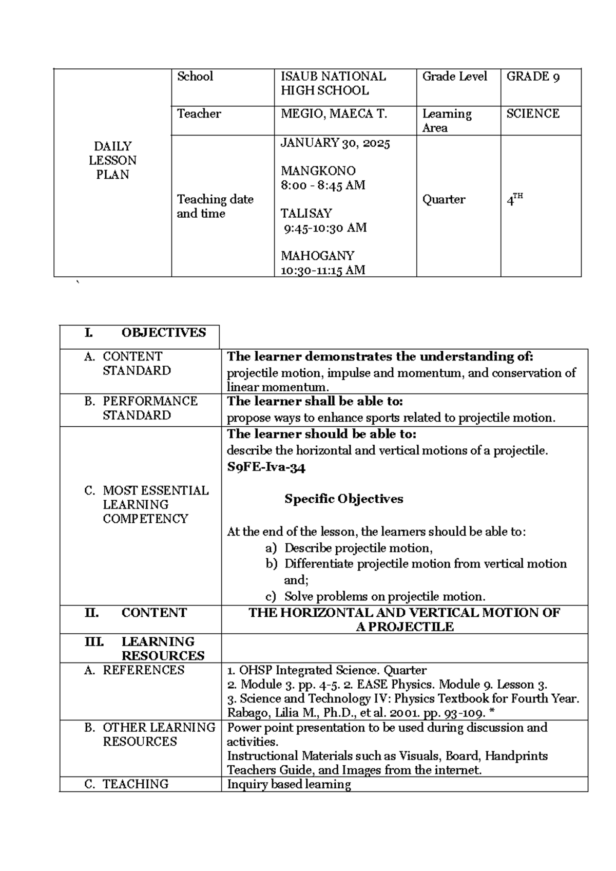 Megio DLP 3 Grade 9 Projectile Motion Lesson Plan - Studocu