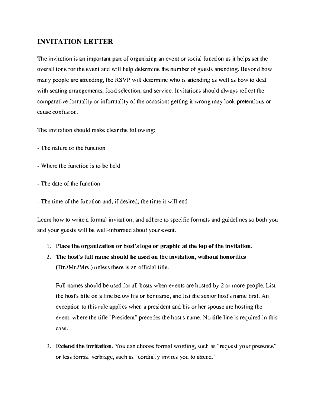 Formal Invitation Letter Guidelines for Event Planning - Studocu