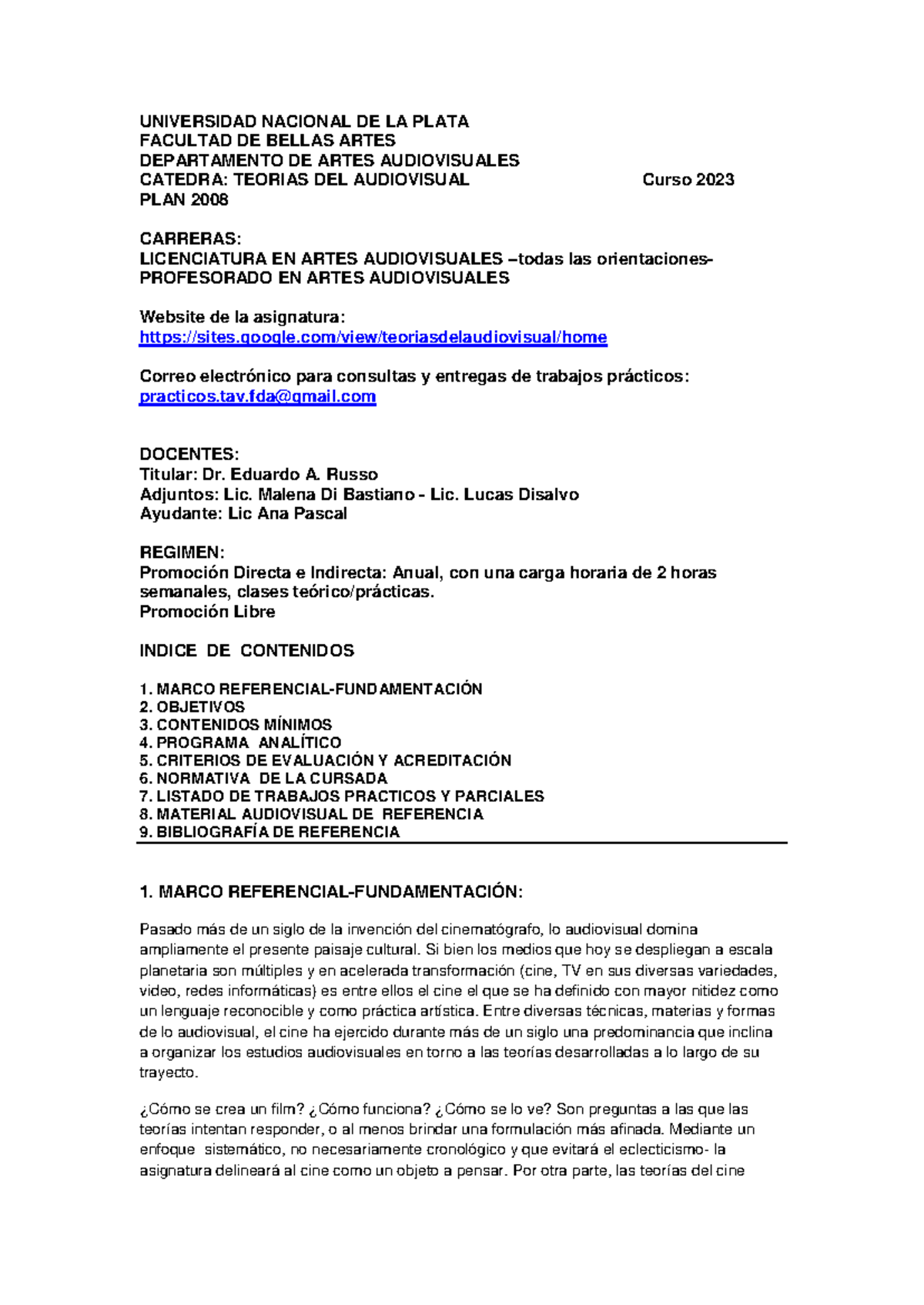Teorías del Audiovisual - Curso 2023 - Lic. en Artes Audiovisuales - Document Preview