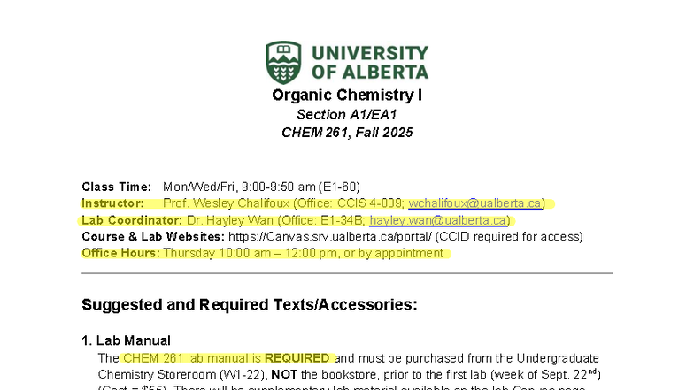 CHEM 261 Organic Chemistry I Syllabus - Fall 2025 - Studocu
