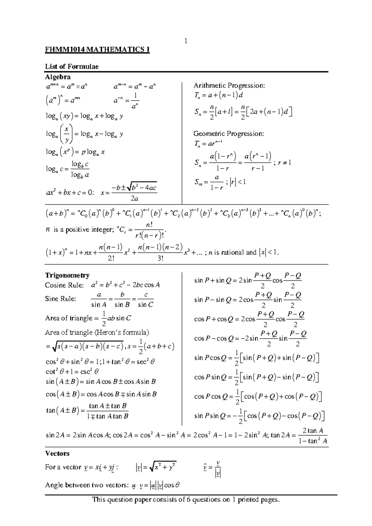 UECM1653 & UECM1683 Mathematics for Engineering & Physics I Tutorial 1 ...