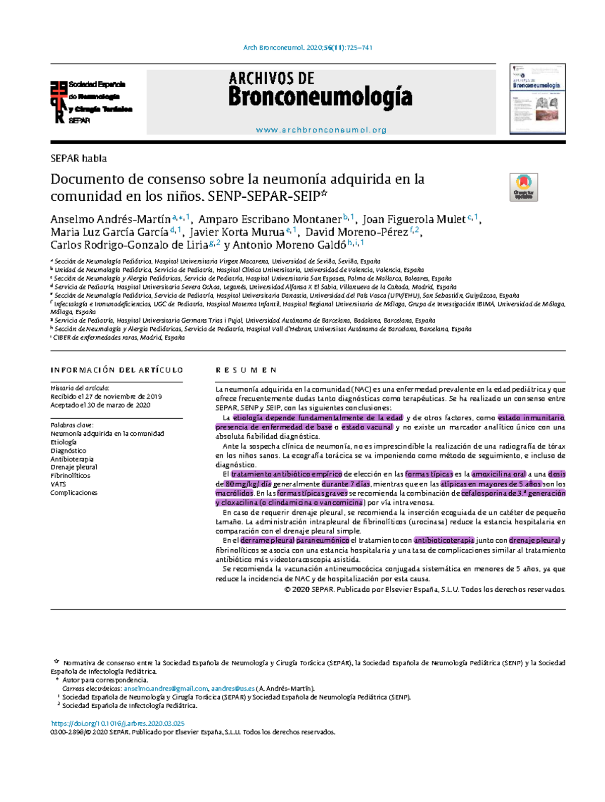 Consenso SEPAR 2020 sobre Neumonía Adquirida en la Comunidad en Niños - Document Preview
