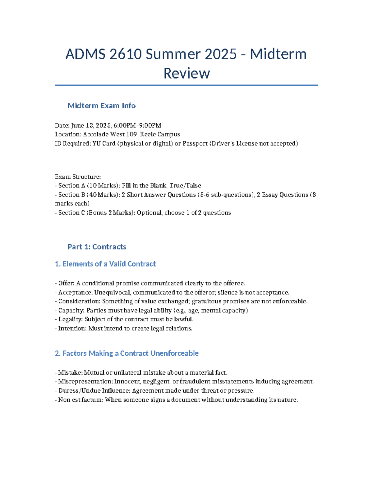 ADMS 2610 Summer 2025 Midterm Exam Review Guide - Studocu