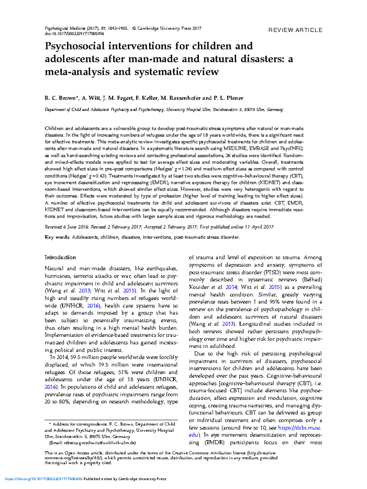 Psychosocial Interventions for Children Post-Disasters: A Systematic ...