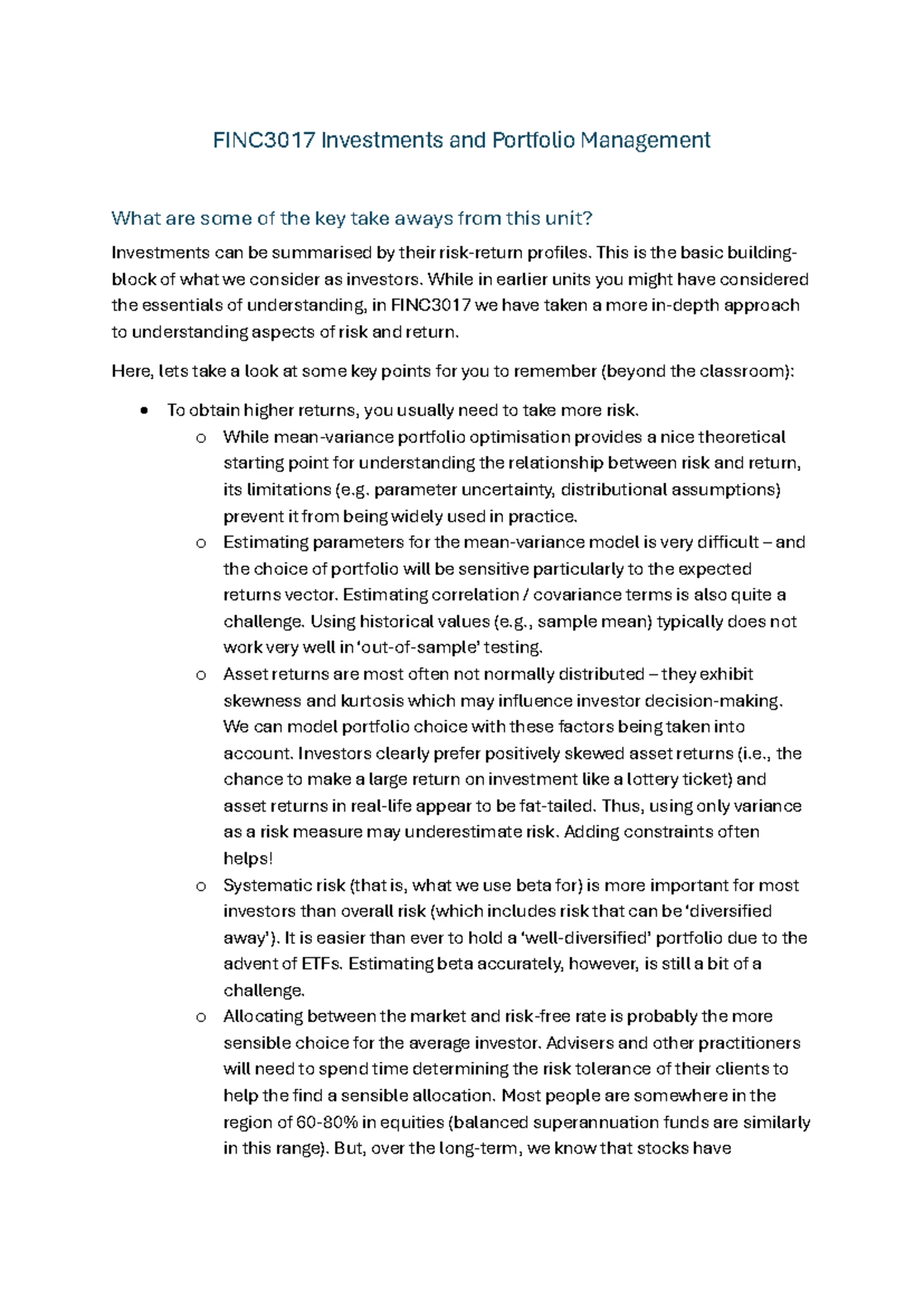 FINC3017 Investments & Portfolio Management - Key Study Notes - Studocu
