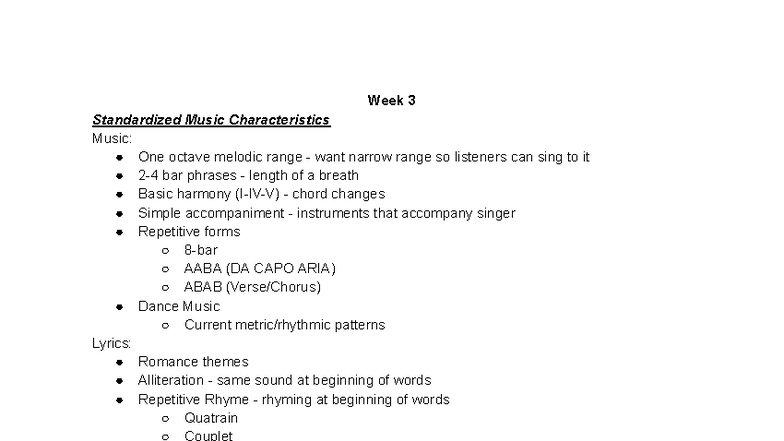 Music 2709 B Week 3 - Standardized Music Characteristics Notes - Studocu