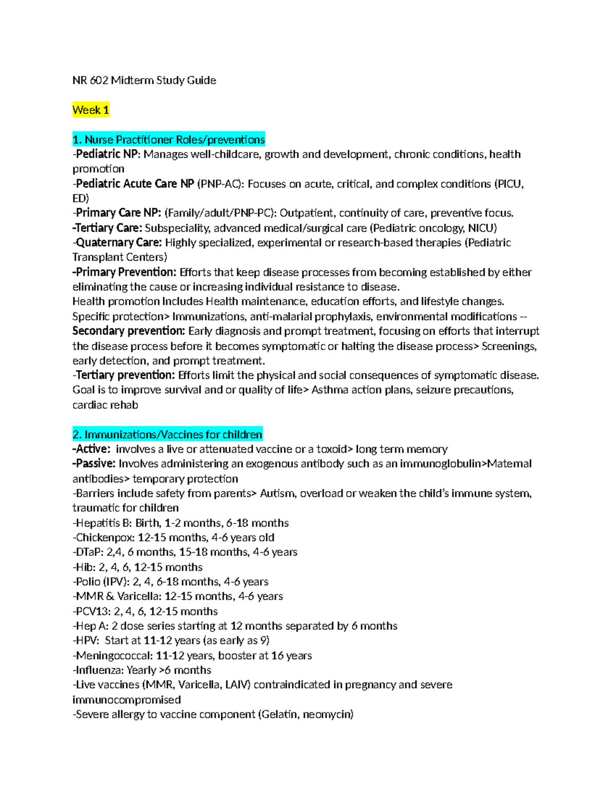 NR 602 Midterm Study Guide: Key Concepts and Pediatric Care - Studocu