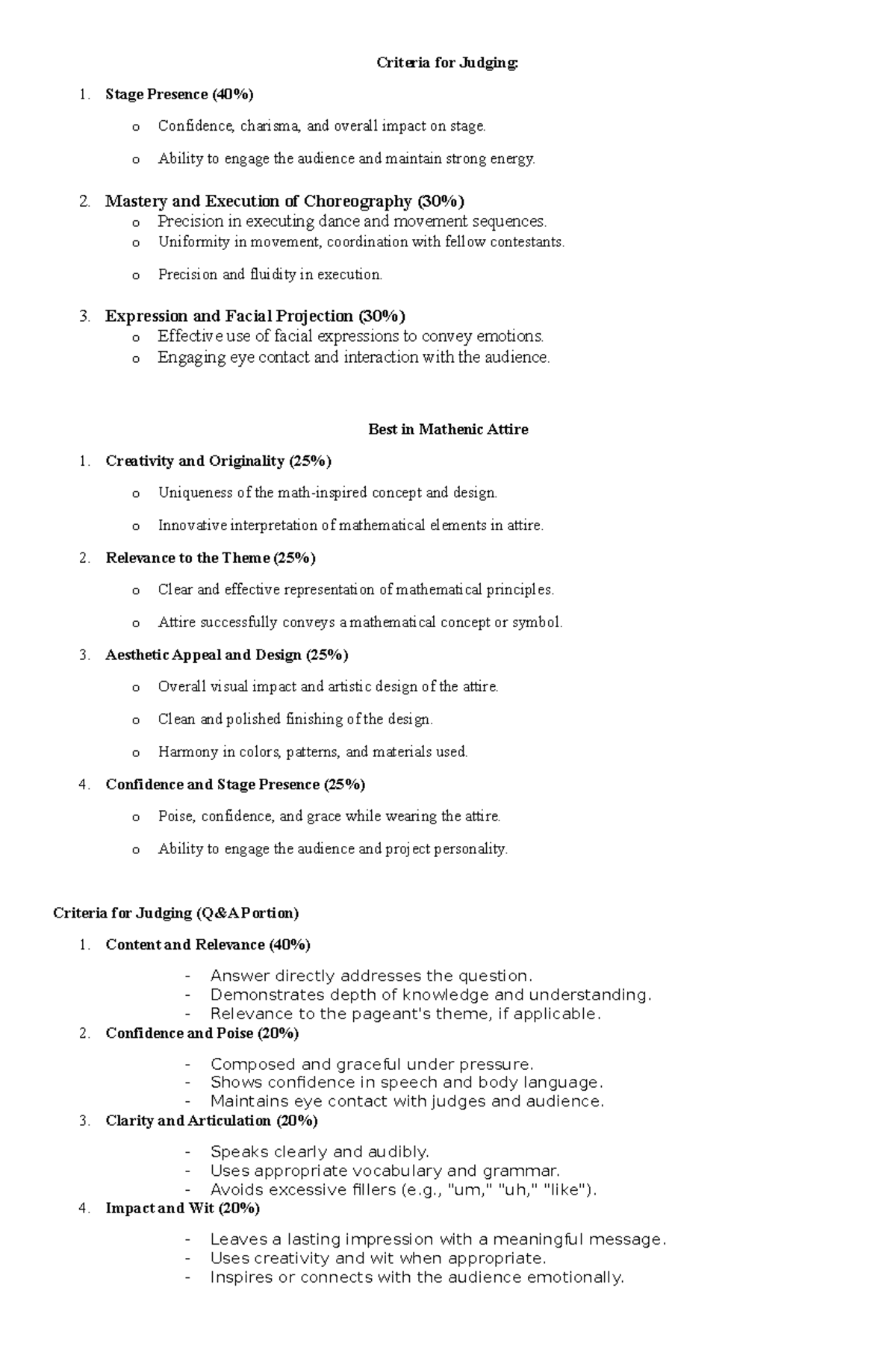 Criteria for Judging: Math Pageant Evaluation Guide - Studocu