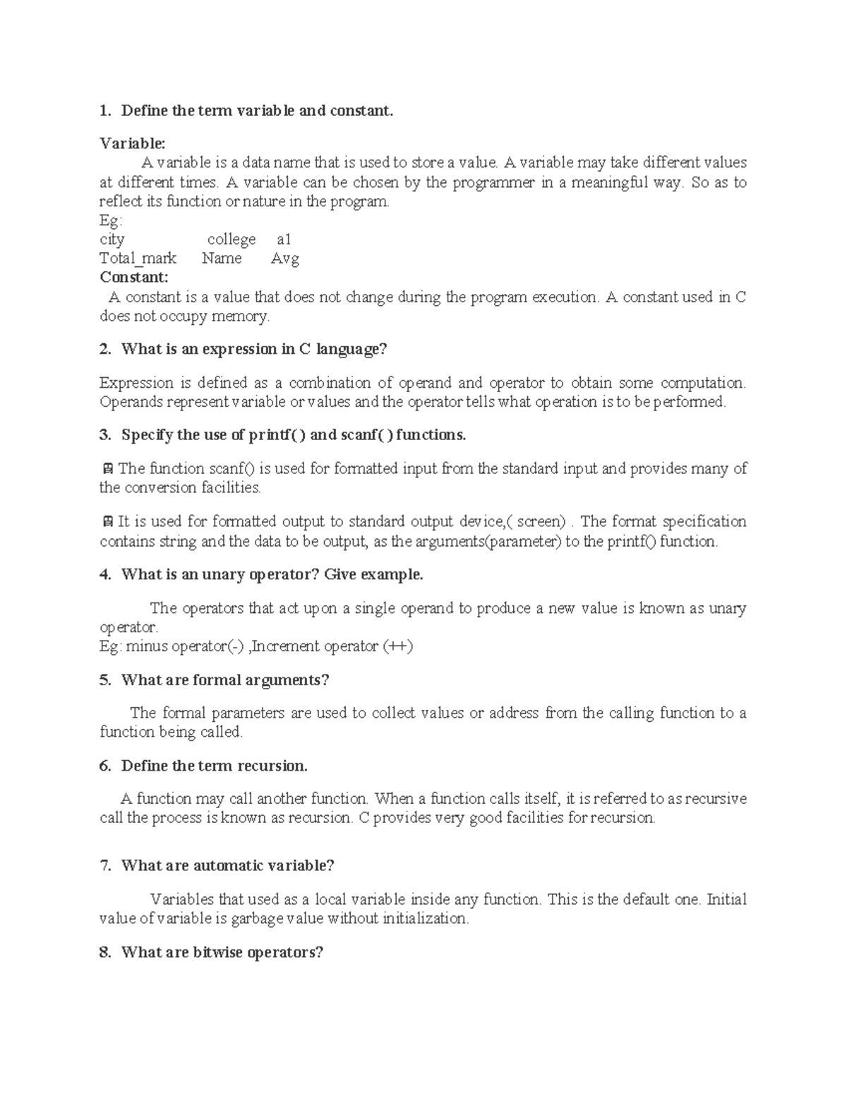 2 marks for all unit - notes - Define the term variable and constant ...