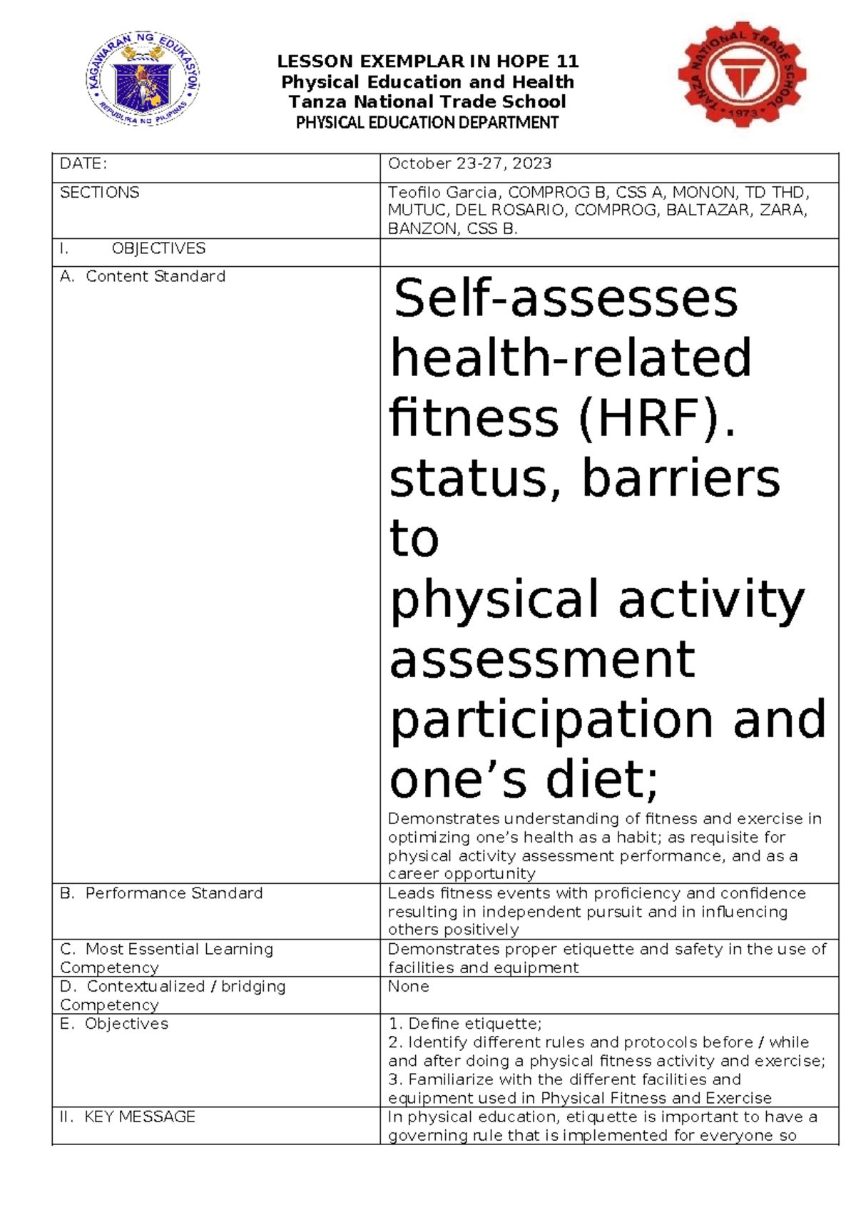 Lesson Exemplar in MAPEH 11: Physical Education & Health - Studocu