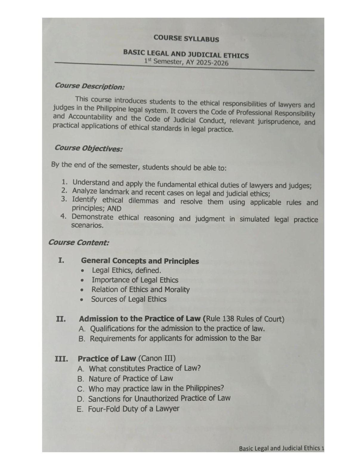 Course Syllabus: Basic Legal and Judicial Ethics (ABC123) 1st Sem - Studocu